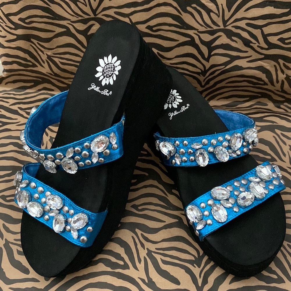 Yellow Box Blue Jeweled Platform Sandals